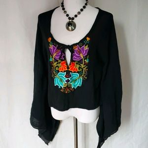 NWOT black gauze floral hippie boho top